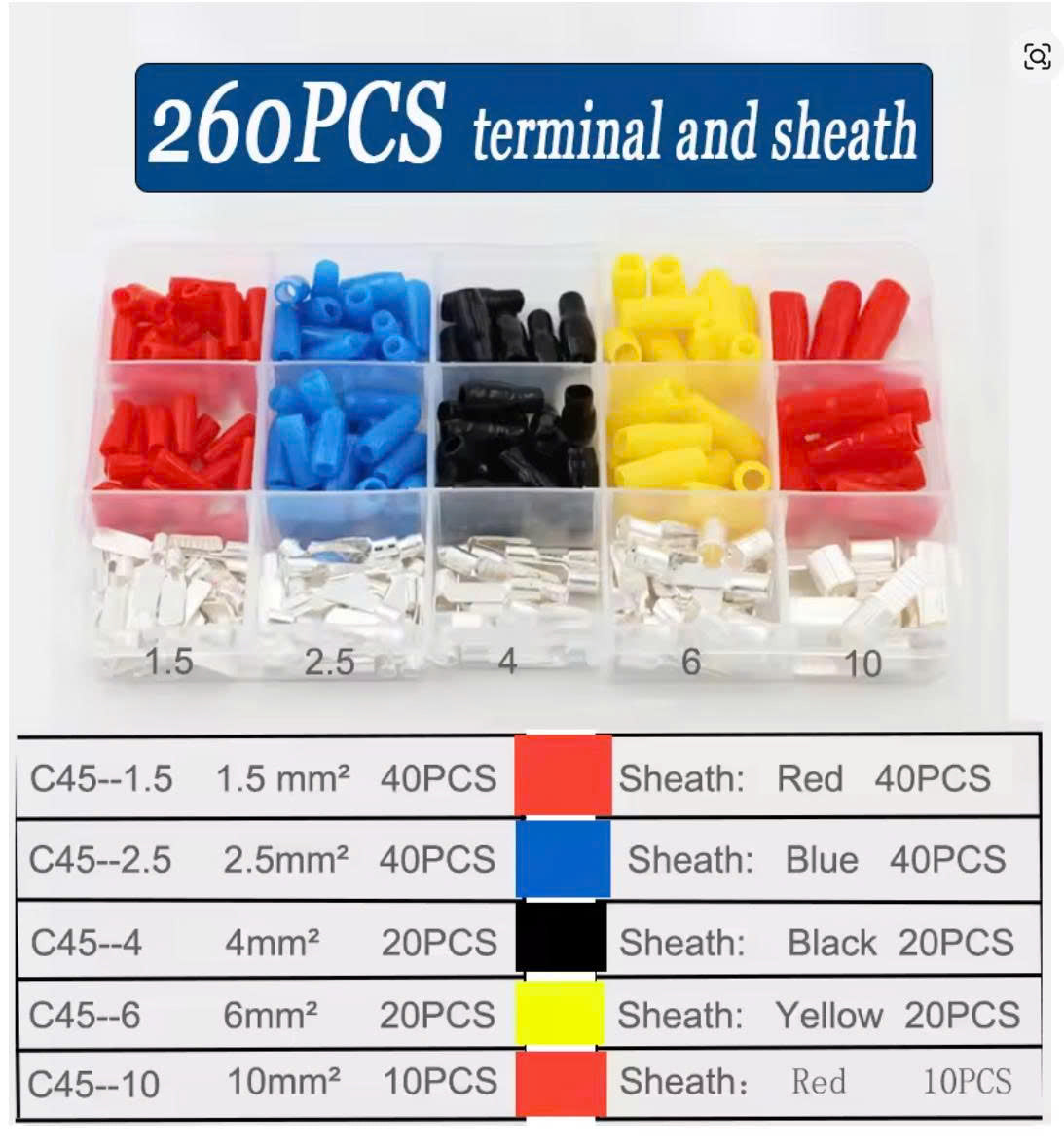 Luzitec™ ProConnect 260PCS Copper Crimp Terminal & Insulated Sheath Kit – Tin-Plated (1.5–10mm²)